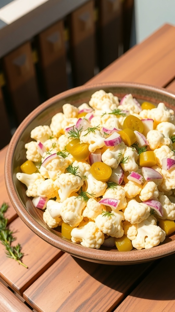 A colorful cauliflower dill pickle salad with cauliflower, dill pickles, and red onion in a creamy dressing, garnished with dill.
